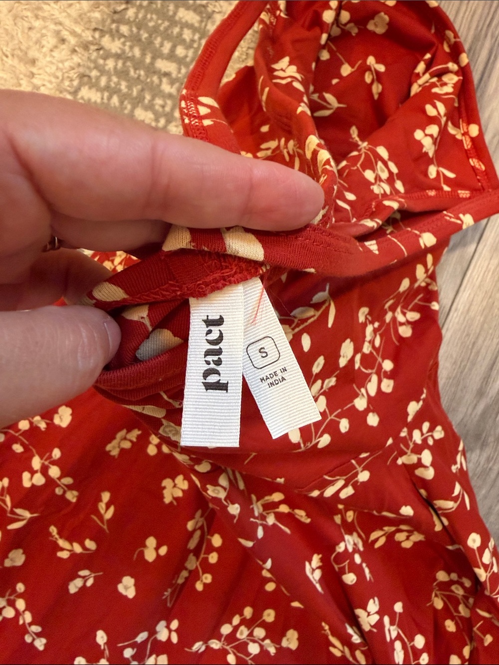Pact Rust Red Floral Dress with White Blossoms - Picture 4 of 4